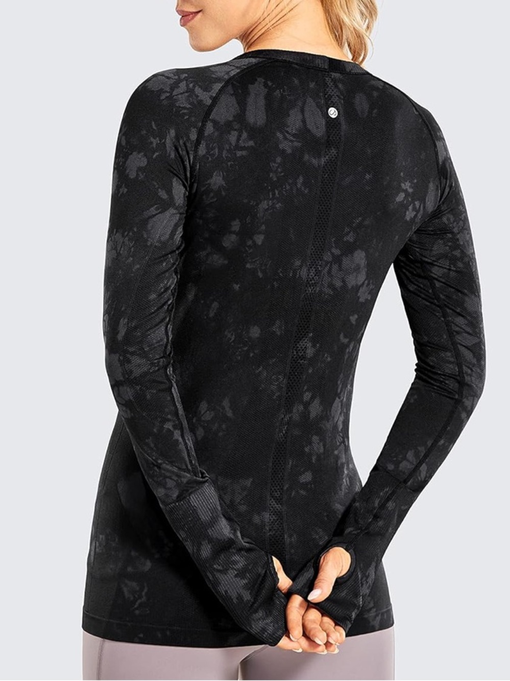 CRZ YOGA Seamless Long Sleeve Workout Top Black Tie Dye Thumbholes Large